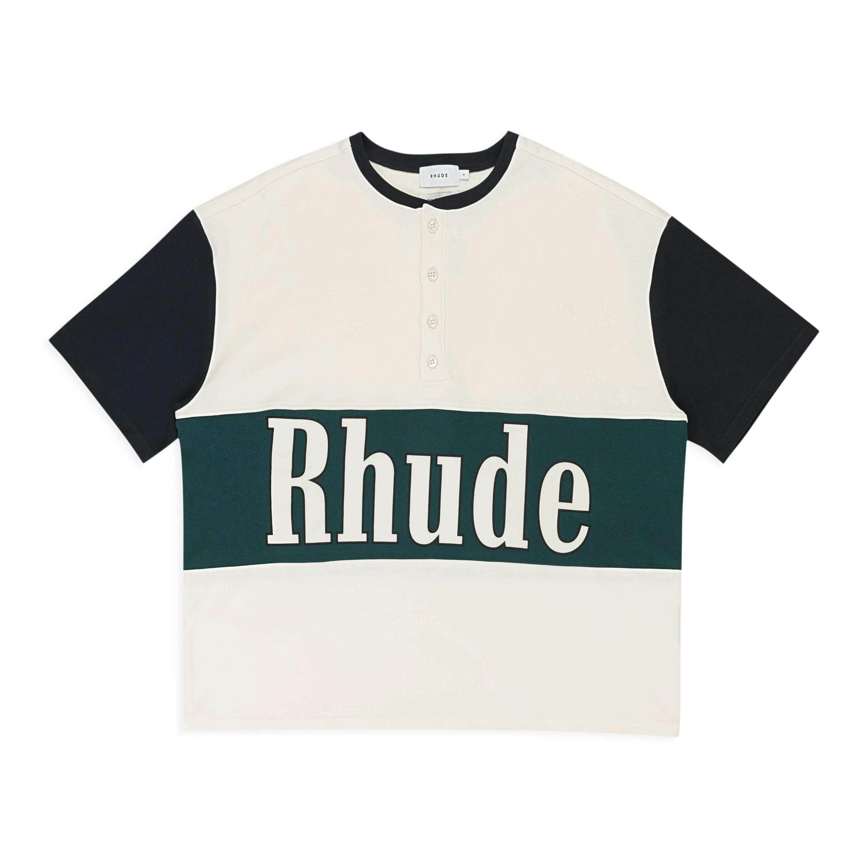 NWT RHUDE PANEL HENLEY HUNTER CREAM/BLACK BUTTON DOWN T-SHIRT SIZE L $405