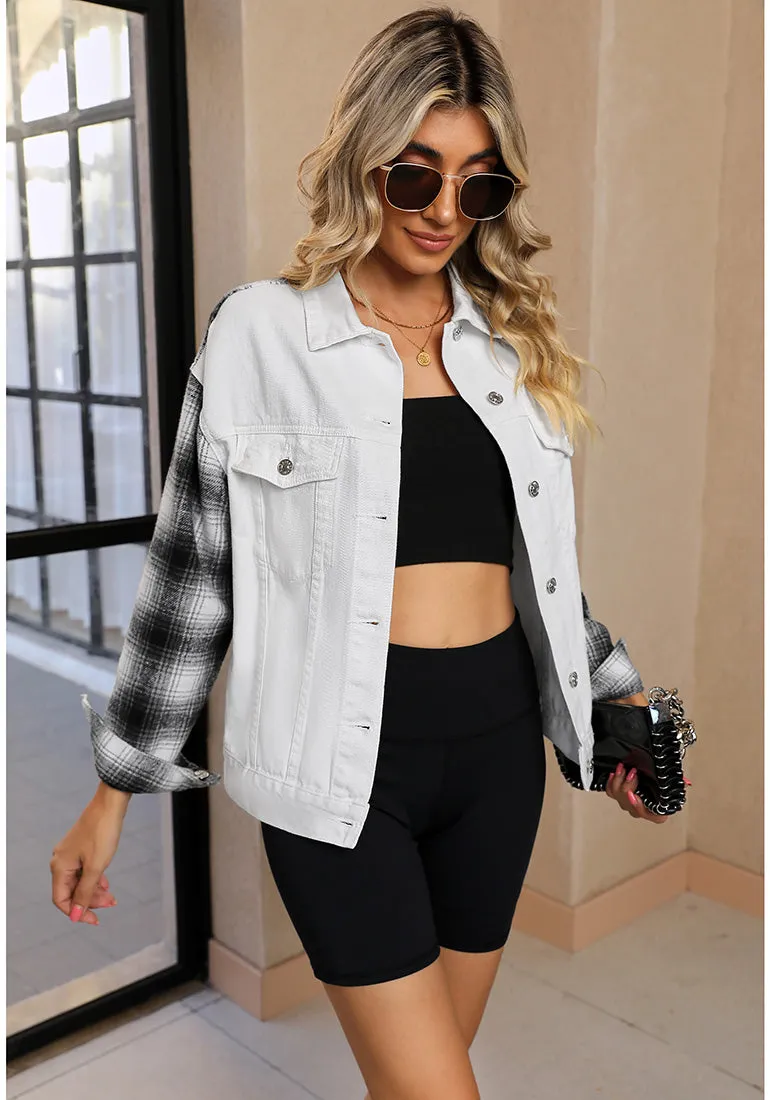 Off White   Black Plaid Women's Denim Oversized Plaid Shacket Jacket Vintage Shirt Jackets