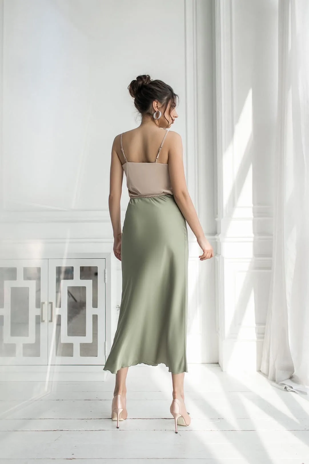 Olive Silk High Waist Midi Skirt