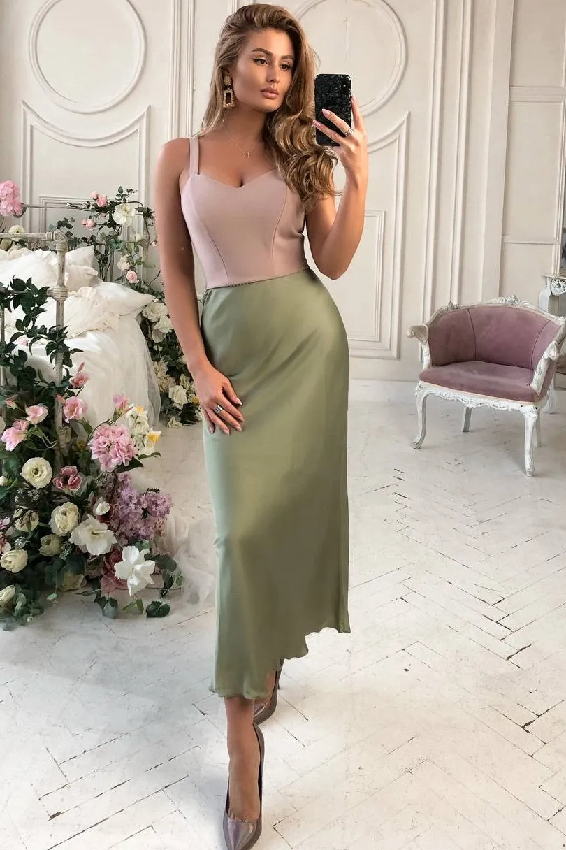 Olive Silk High Waist Midi Skirt