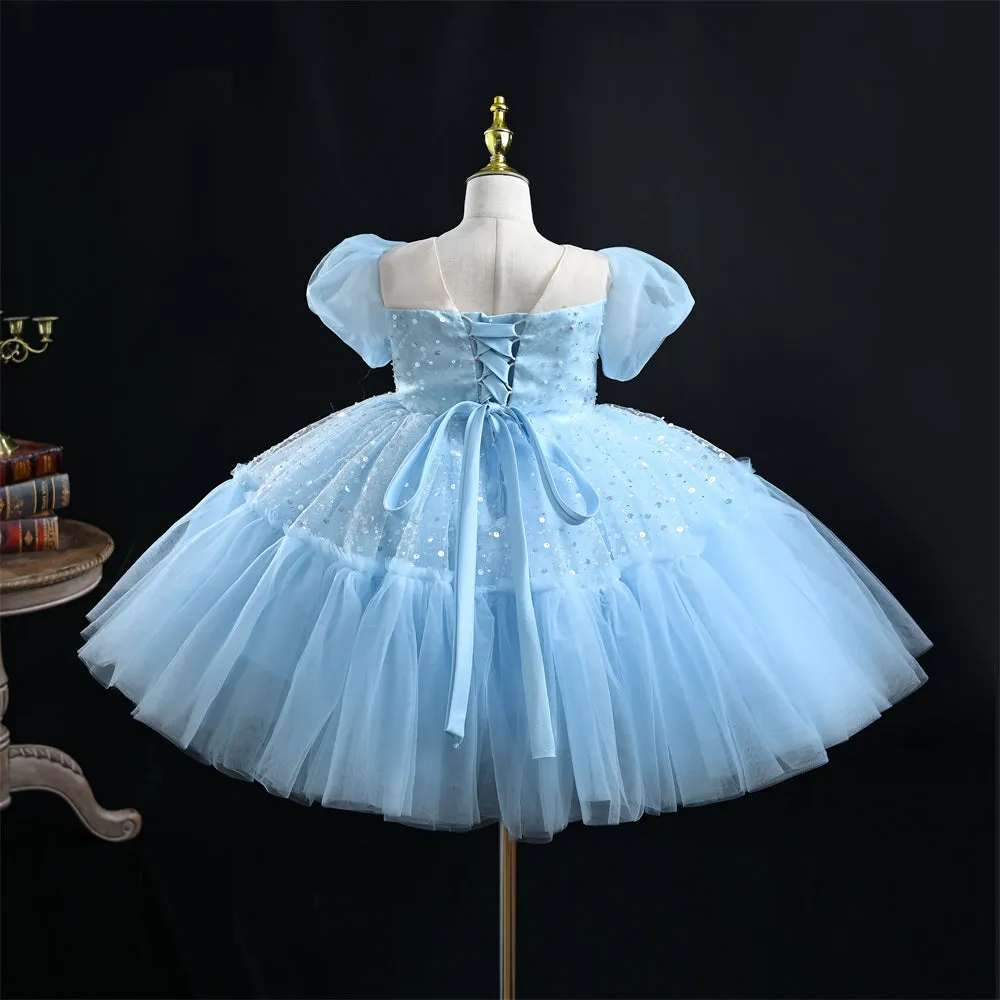 OM065 Yoliyolei V-neck Wedding Princess Dress Girl Sequins Satin Bow Tulle Ruffles Baby Girl Dress With Puff Sleeves For Children