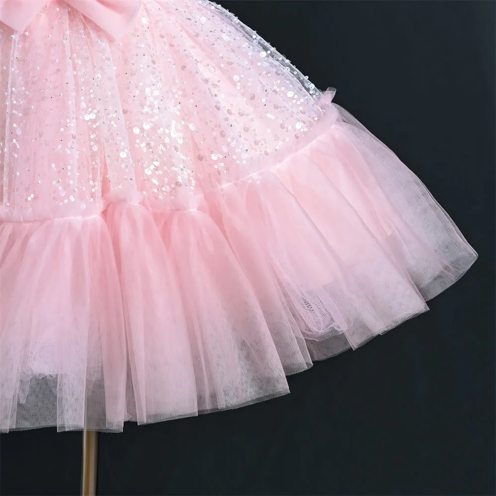 OM065 Yoliyolei V-neck Wedding Princess Dress Girl Sequins Satin Bow Tulle Ruffles Baby Girl Dress With Puff Sleeves For Children