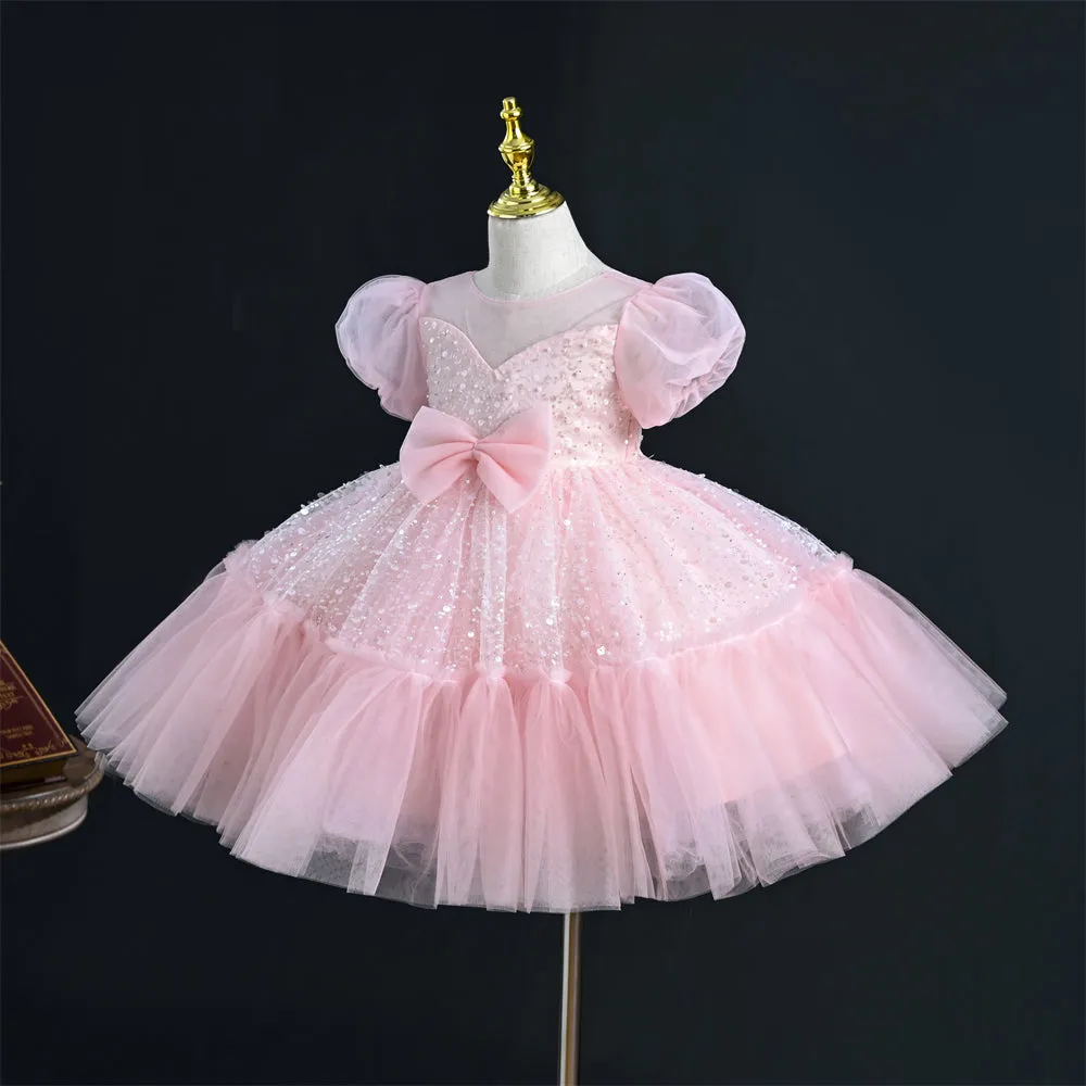 OM065 Yoliyolei V-neck Wedding Princess Dress Girl Sequins Satin Bow Tulle Ruffles Baby Girl Dress With Puff Sleeves For Children