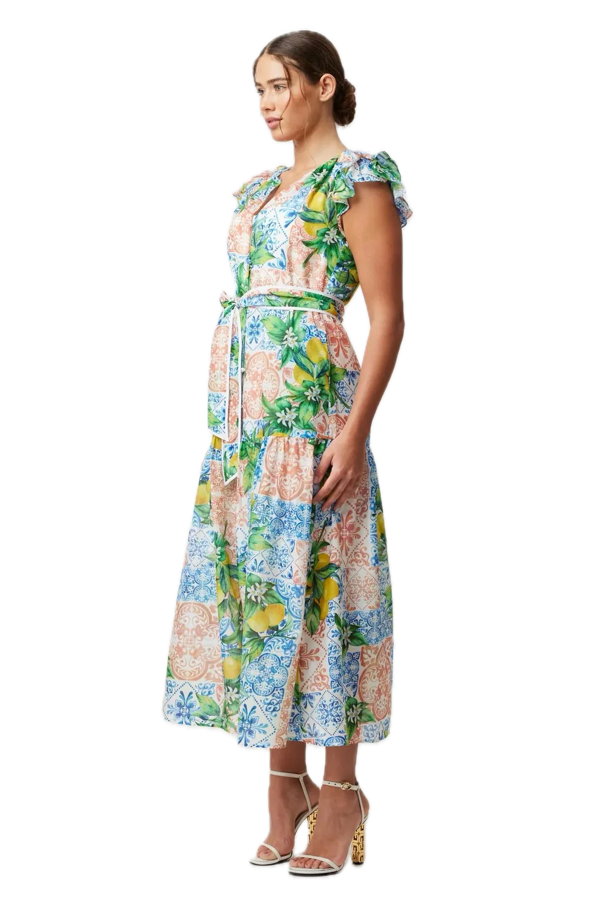 Once Was Summer Elegance Limonata Print Cotton Silk Dress with Removable Waist Tie