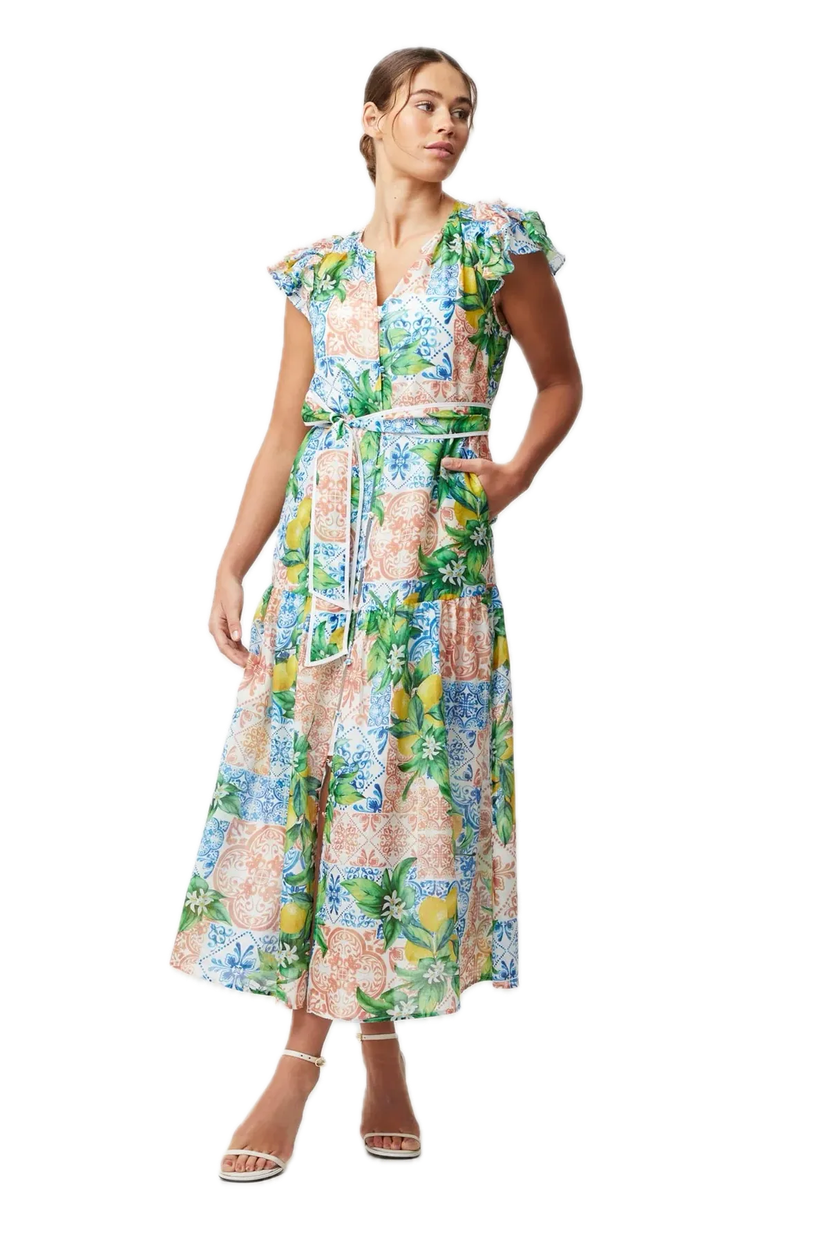 Once Was Summer Elegance Limonata Print Cotton Silk Dress with Removable Waist Tie