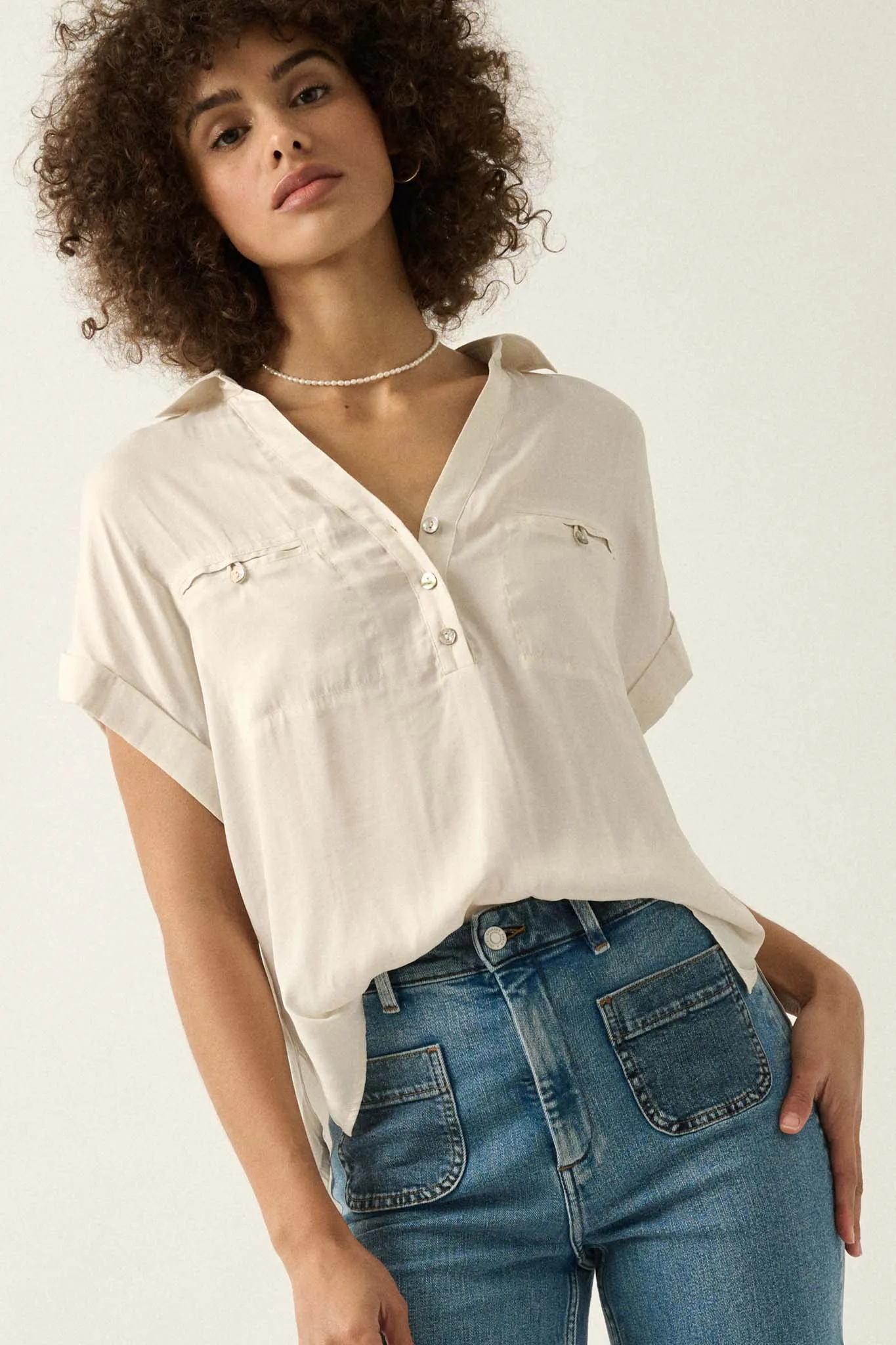 Open Heart Matte Satin Half-Button Pocket Shirt