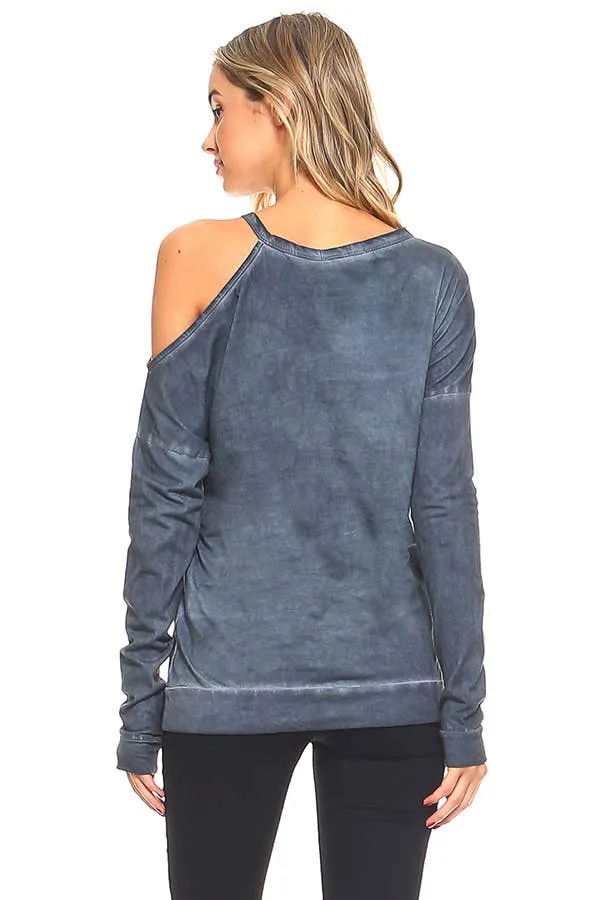 Open Shoulder Mock Neck Cotton Sweatshirt