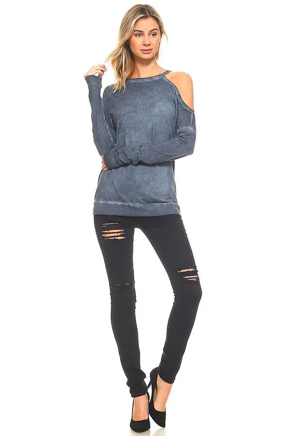 Open Shoulder Mock Neck Cotton Sweatshirt