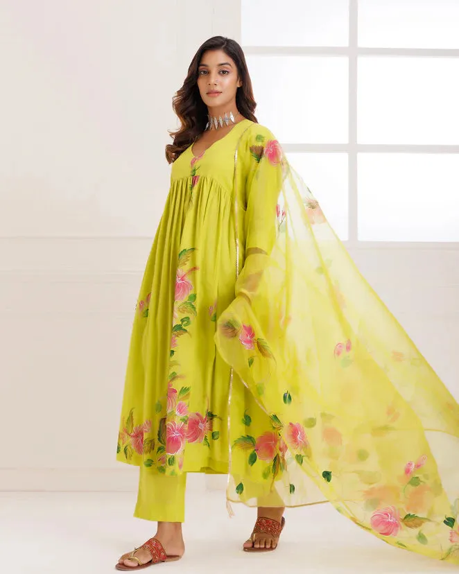 Organza Green Hand Painted Suit Set with Dupatta