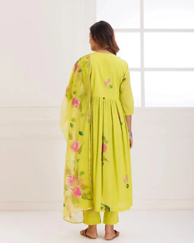 Organza Green Hand Painted Suit Set with Dupatta