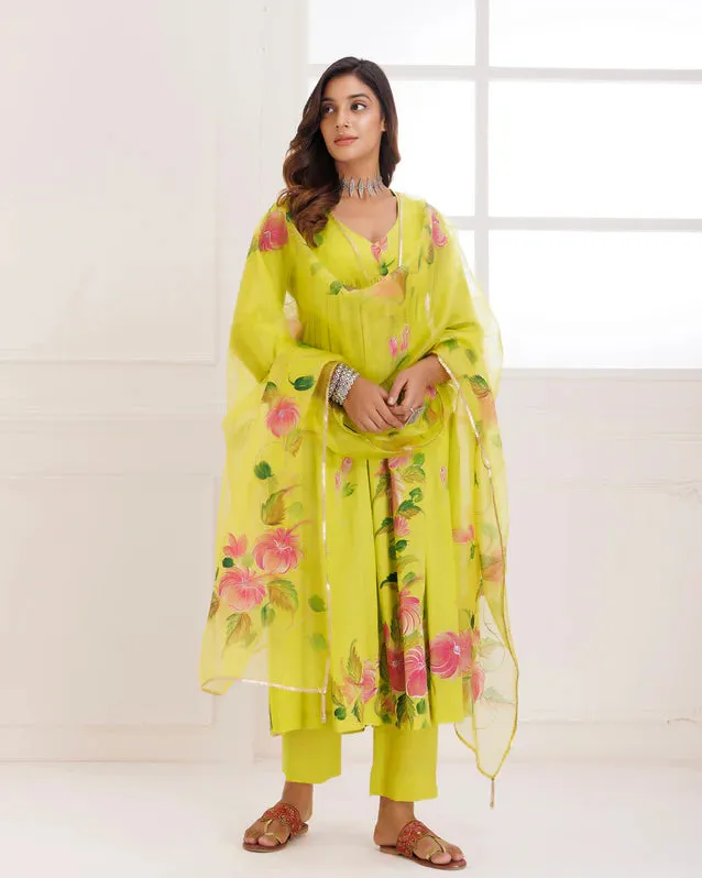 Organza Green Hand Painted Suit Set with Dupatta