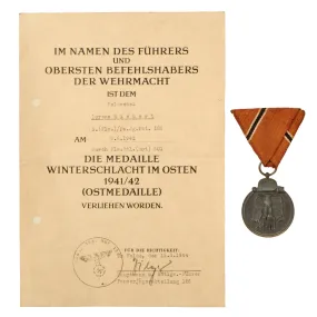 Original German WWII Eastern Front Medal with Named Award Document and Austrian Style Ribbon Mount - 186th Panzerjäger Detachment