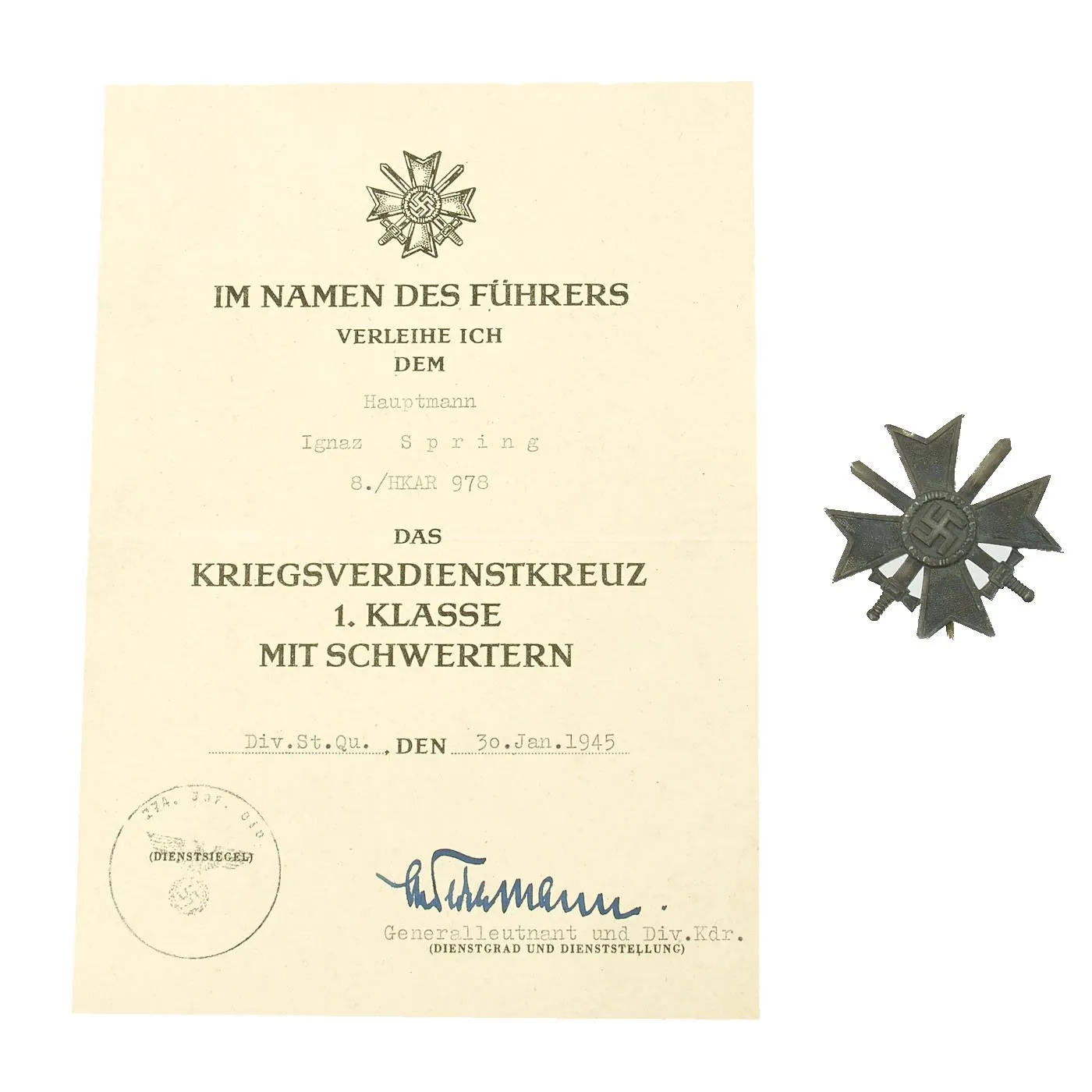 Original German WWII Named Soldbuch with Medals and Award Documents Grouping - Capt. Ignaz Spring