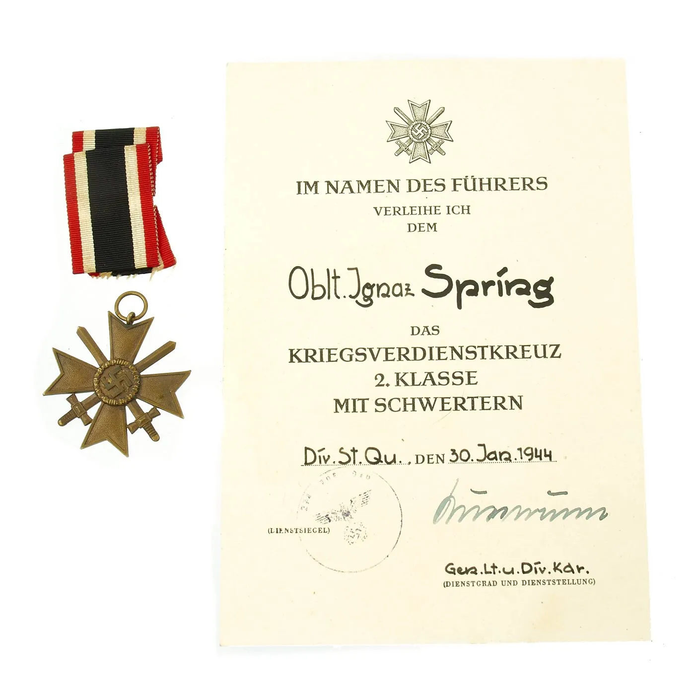 Original German WWII Named Soldbuch with Medals and Award Documents Grouping - Capt. Ignaz Spring