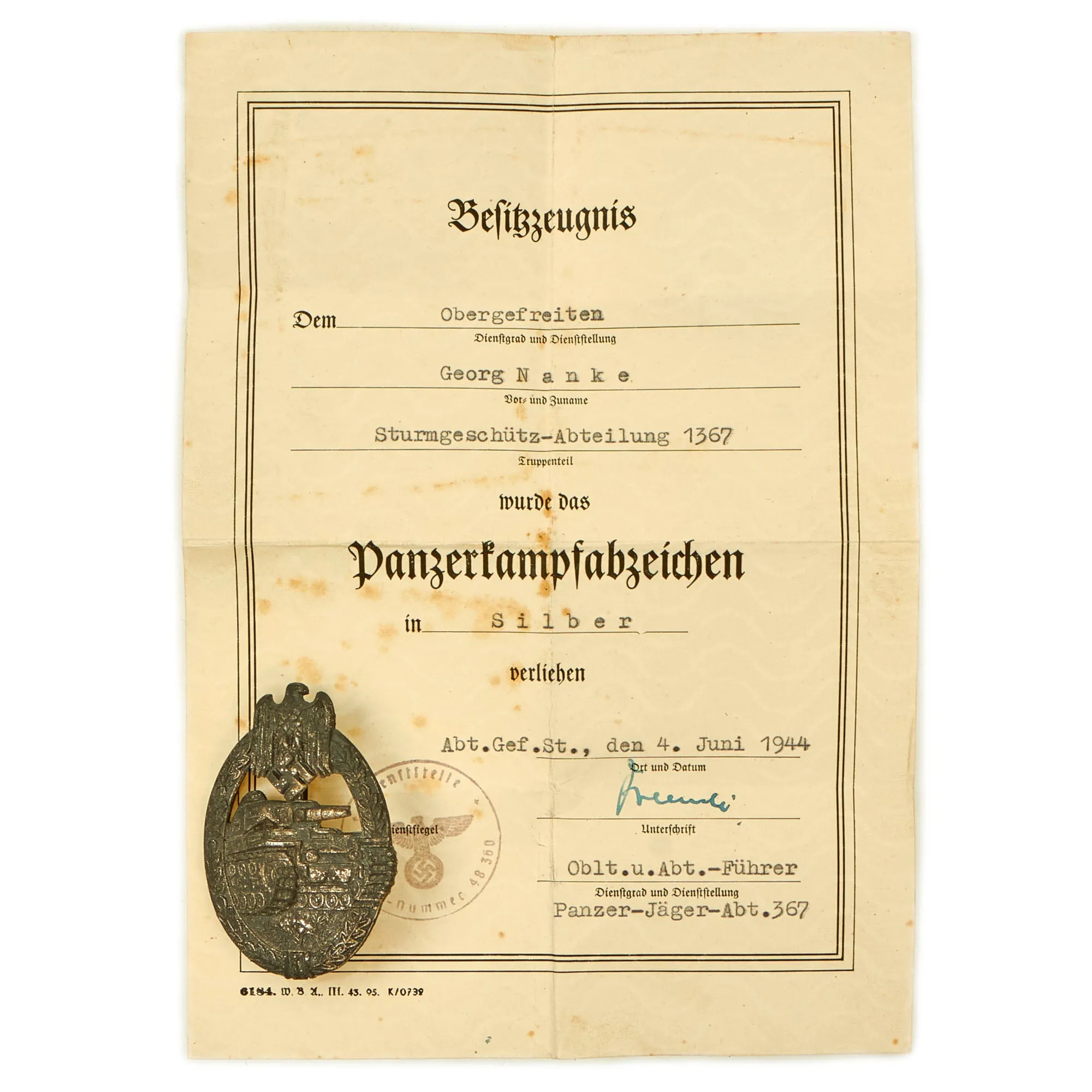 Original German WWII Silver Grade Panzer Assault Tank Badge with Named Award Document - Hollow Back