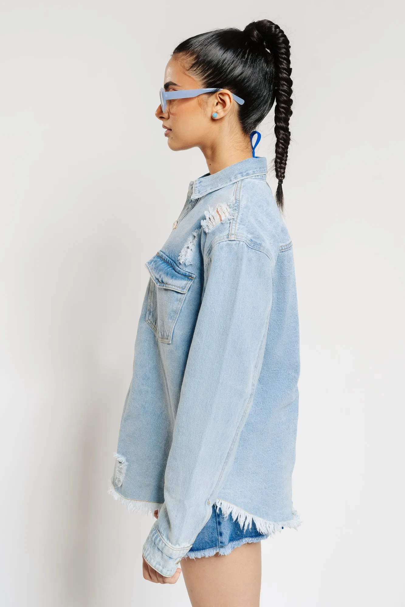 Oversized Distressed Denim Shacket