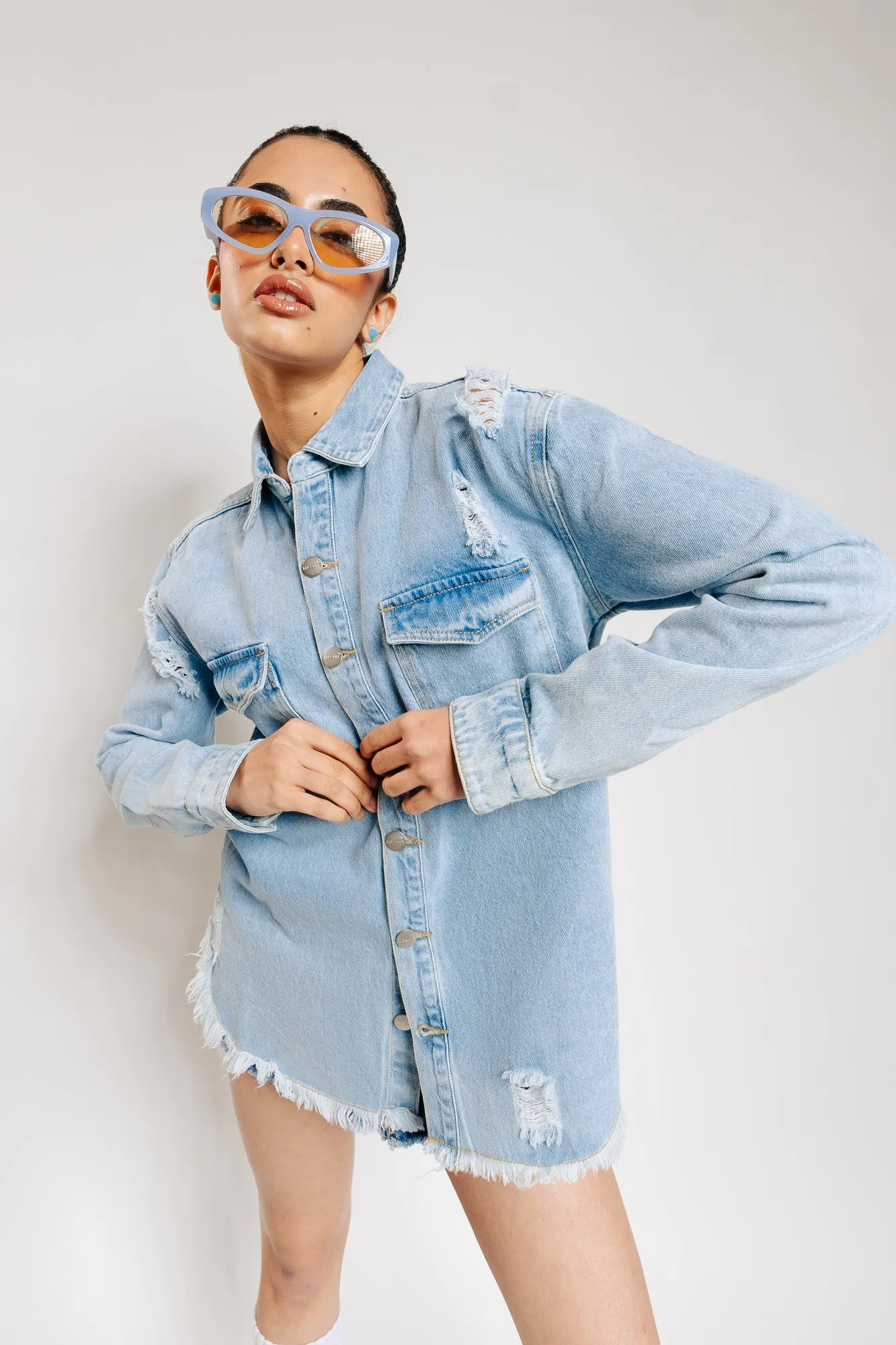 Oversized Distressed Denim Shacket