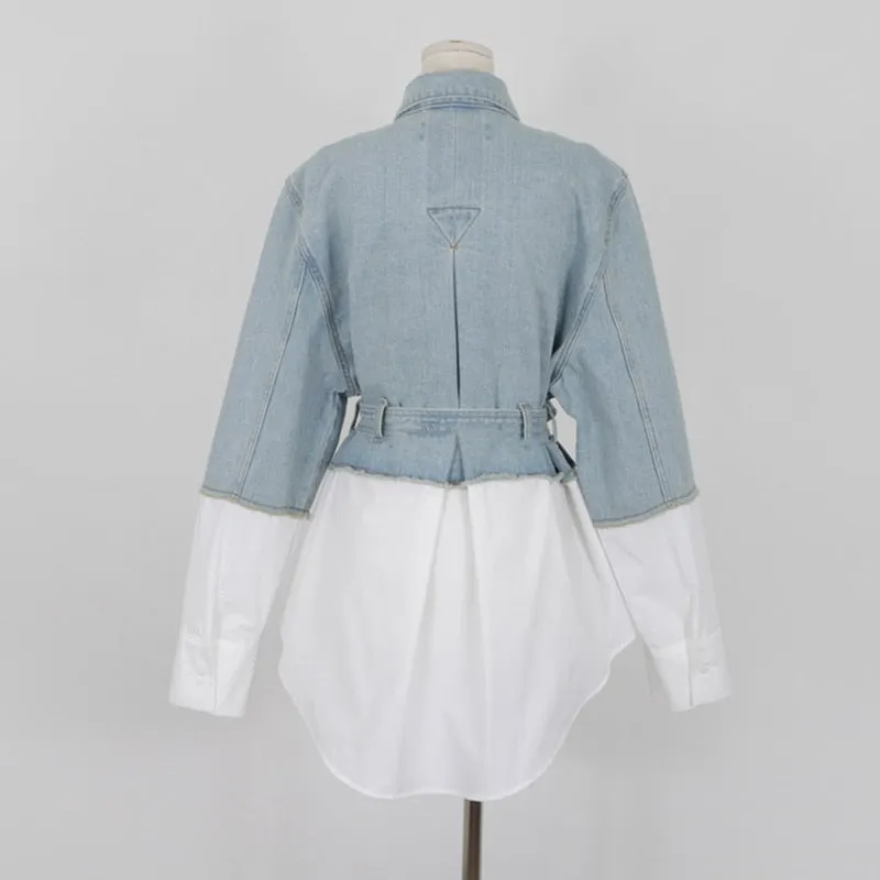 Patchwork Casual Denim Jacket For Women Lapel Long Sleeve With Sashes Oversized Coat Female Autumn Fashion