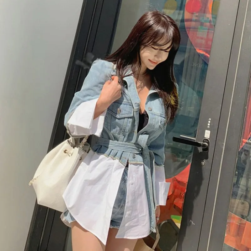 Patchwork Casual Denim Jacket For Women Lapel Long Sleeve With Sashes Oversized Coat Female Autumn Fashion