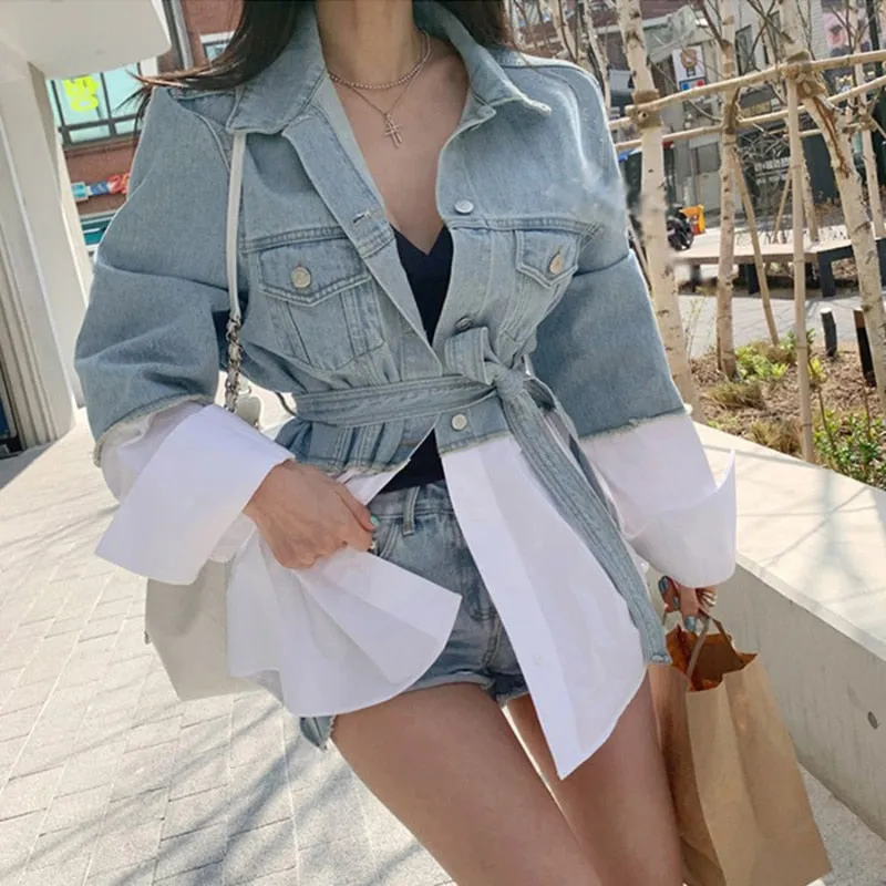 Patchwork Casual Denim Jacket For Women Lapel Long Sleeve With Sashes Oversized Coat Female Autumn Fashion