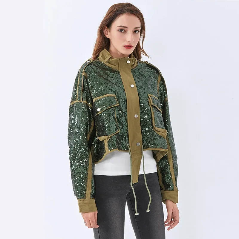 Patchwork Sequined Jacket For Owmen Turtleneck Long Sleeve Casual Lace Up Jackets Female Spring Fashion