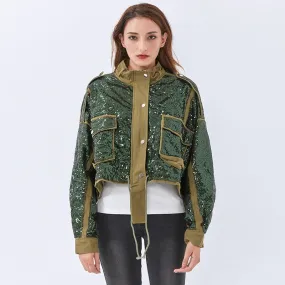 Patchwork Sequined Jacket For Owmen Turtleneck Long Sleeve Casual Lace Up Jackets Female Spring Fashion