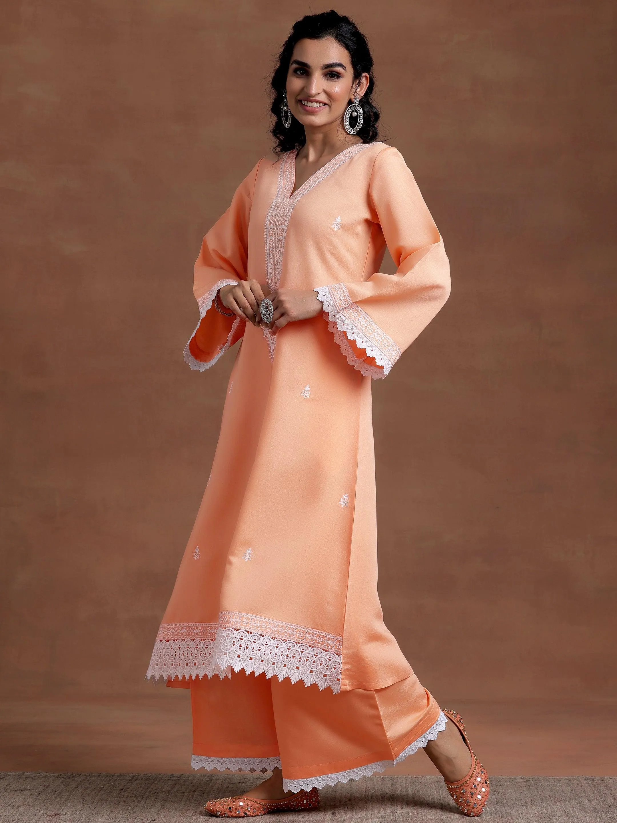 Peach Embroidered Silk Blend A-Line Kurta With Palazzos & Dupatta