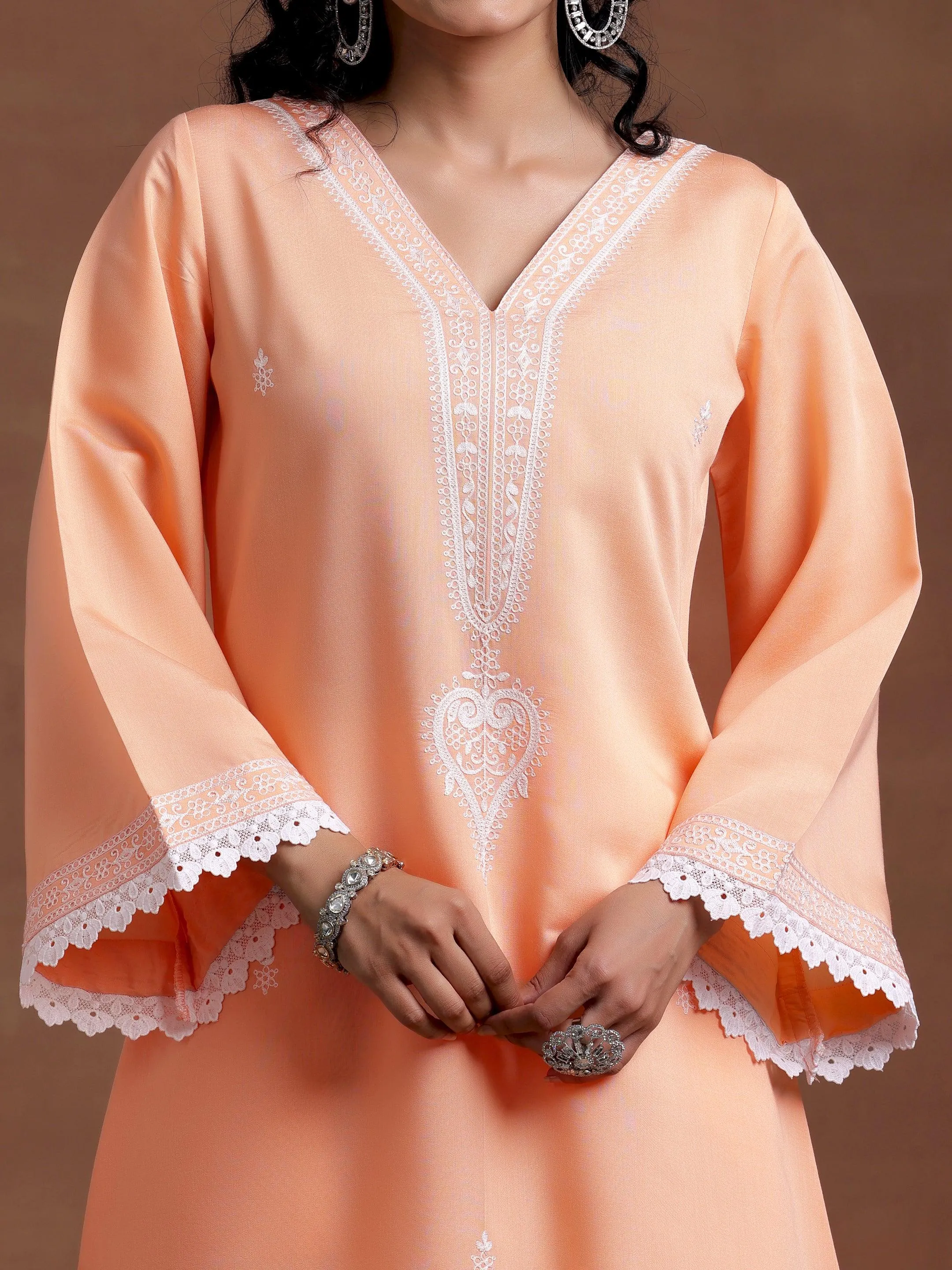 Peach Embroidered Silk Blend A-Line Kurta With Palazzos & Dupatta