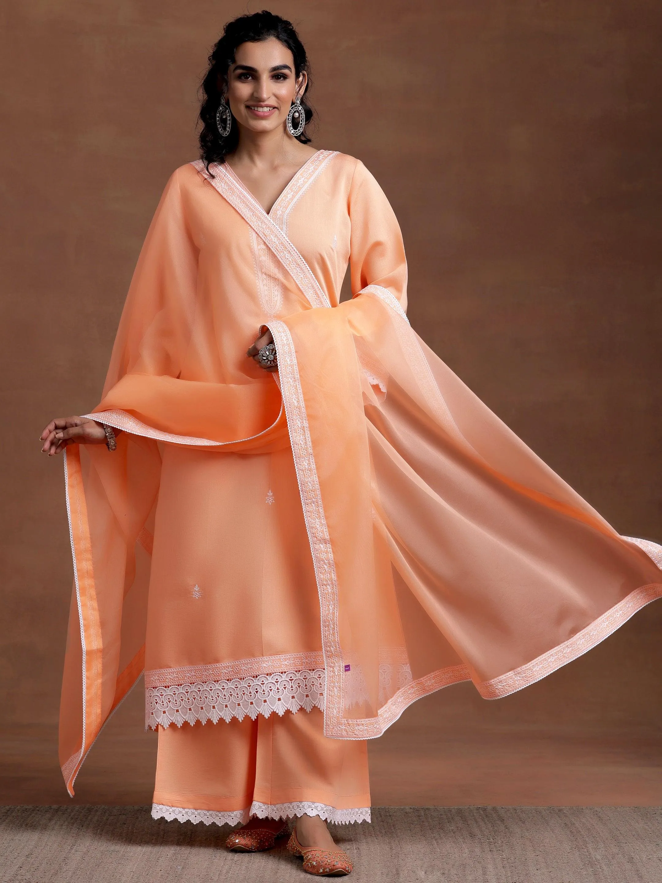 Peach Embroidered Silk Blend A-Line Kurta With Palazzos & Dupatta