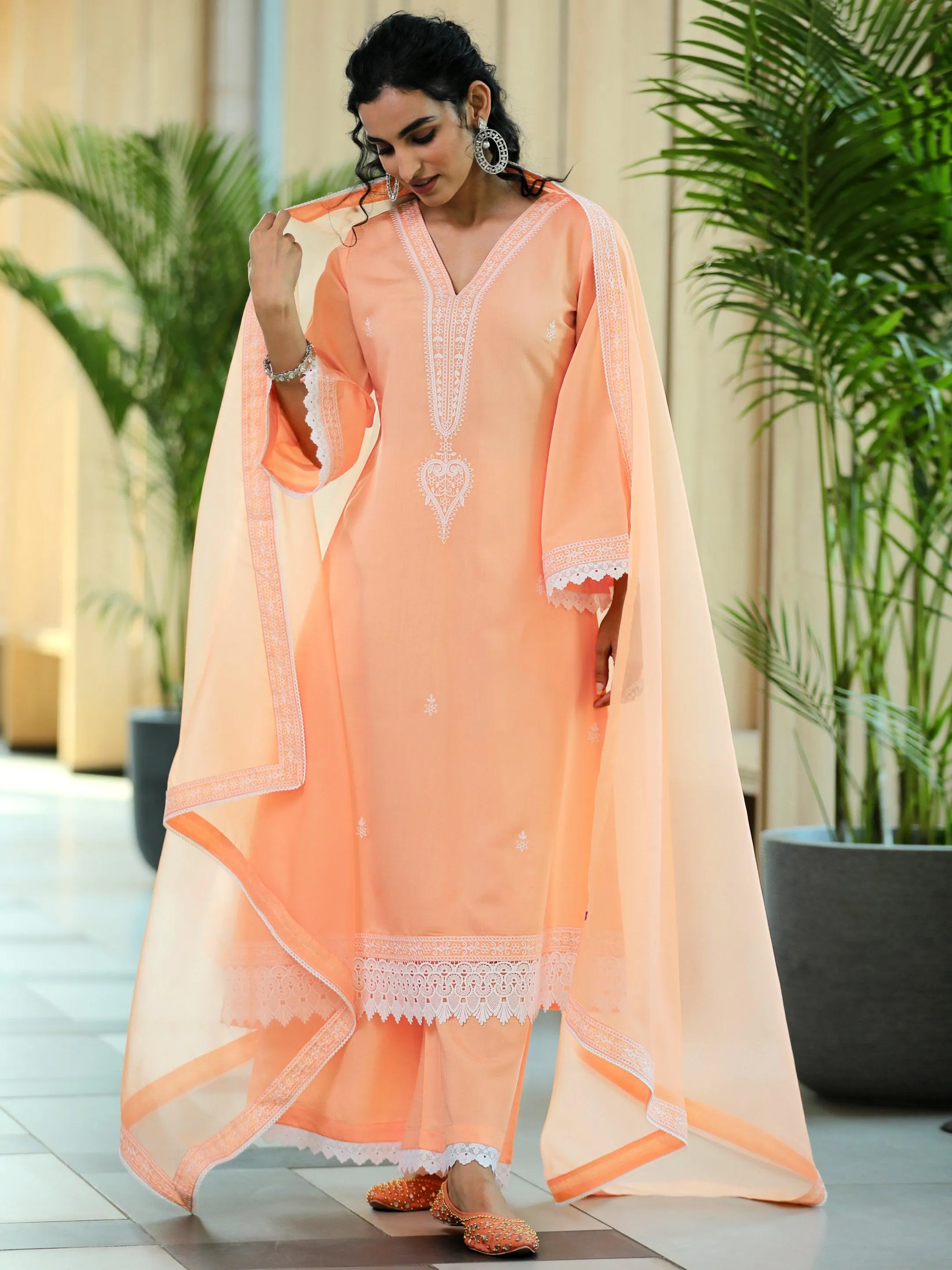 Peach Embroidered Silk Blend A-Line Kurta With Palazzos & Dupatta