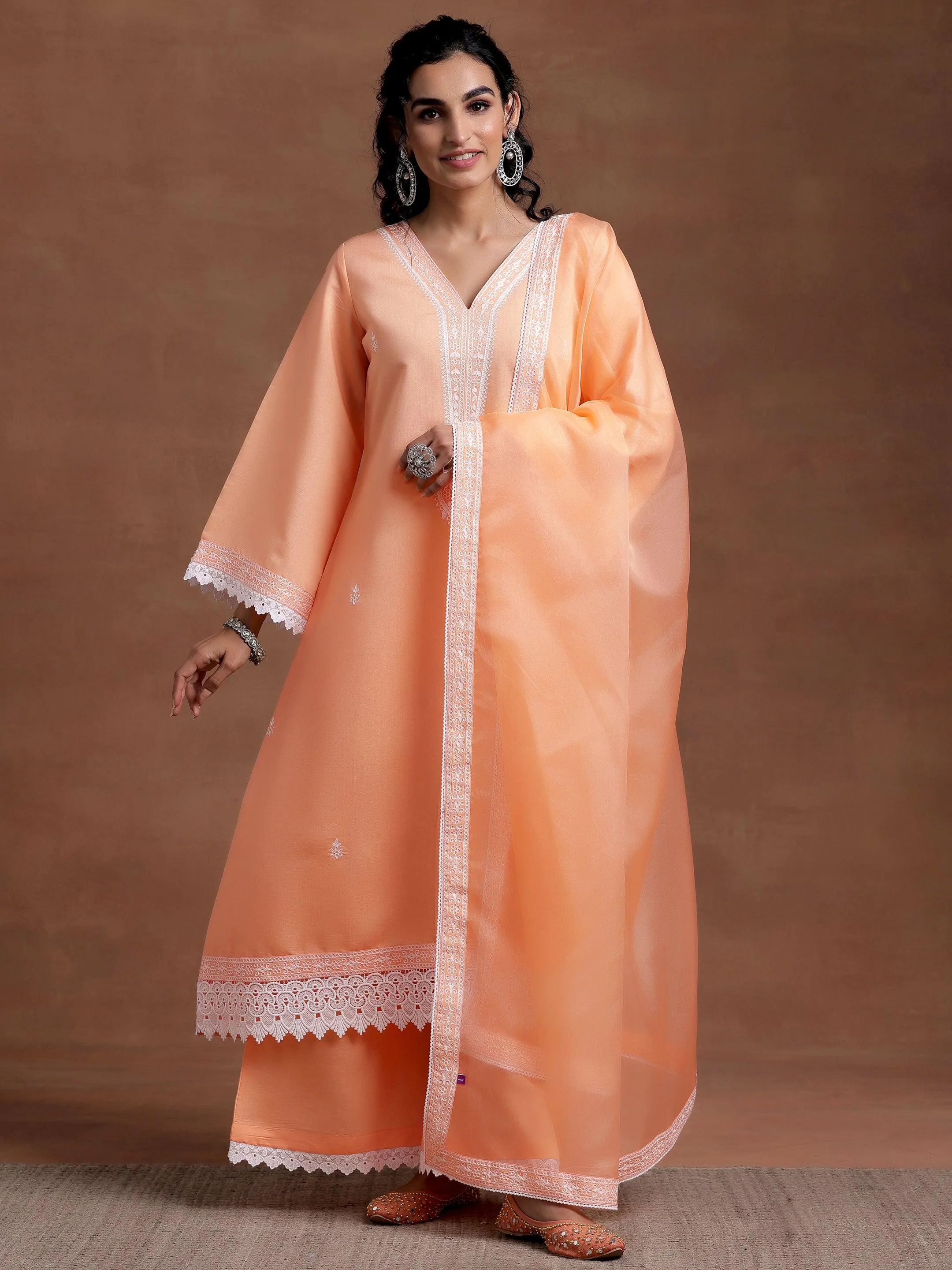 Peach Embroidered Silk Blend A-Line Kurta With Palazzos & Dupatta