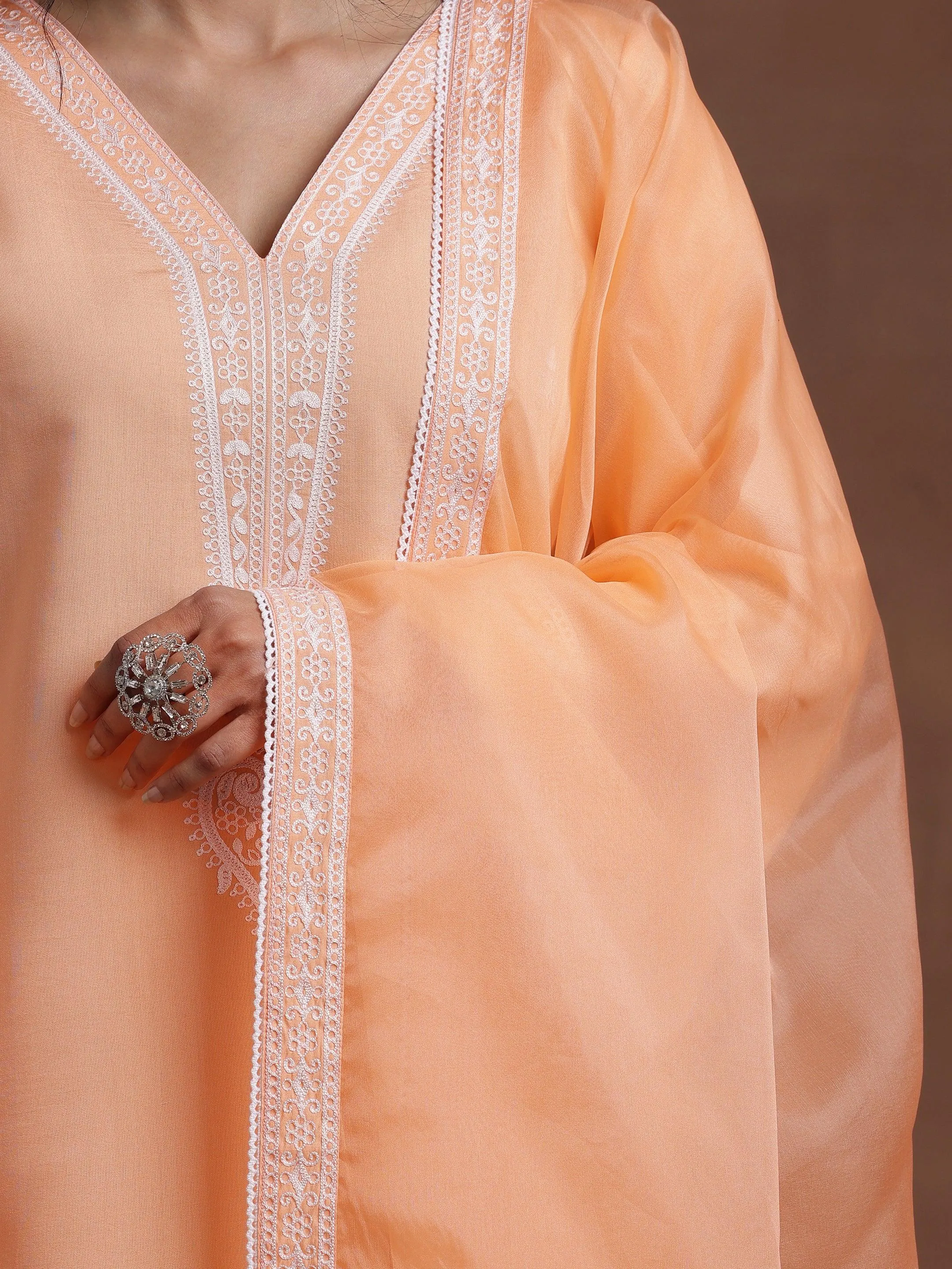 Peach Embroidered Silk Blend A-Line Kurta With Palazzos & Dupatta