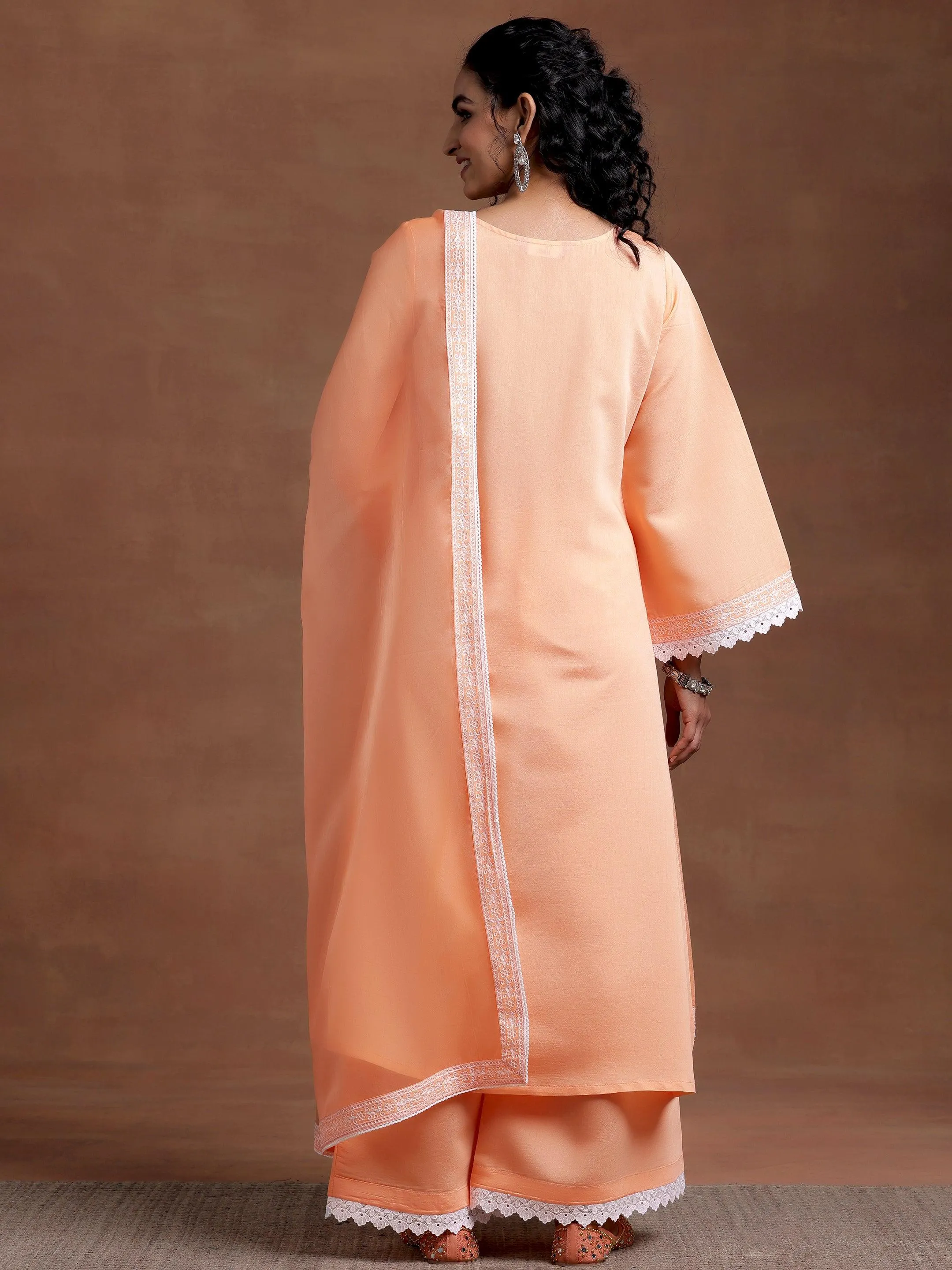 Peach Embroidered Silk Blend A-Line Kurta With Palazzos & Dupatta