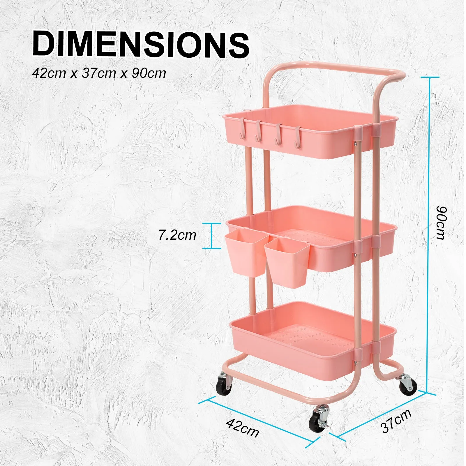 Pink 3-Tier Storage Trolley Cart, Wheels, Hooks, Kandoka