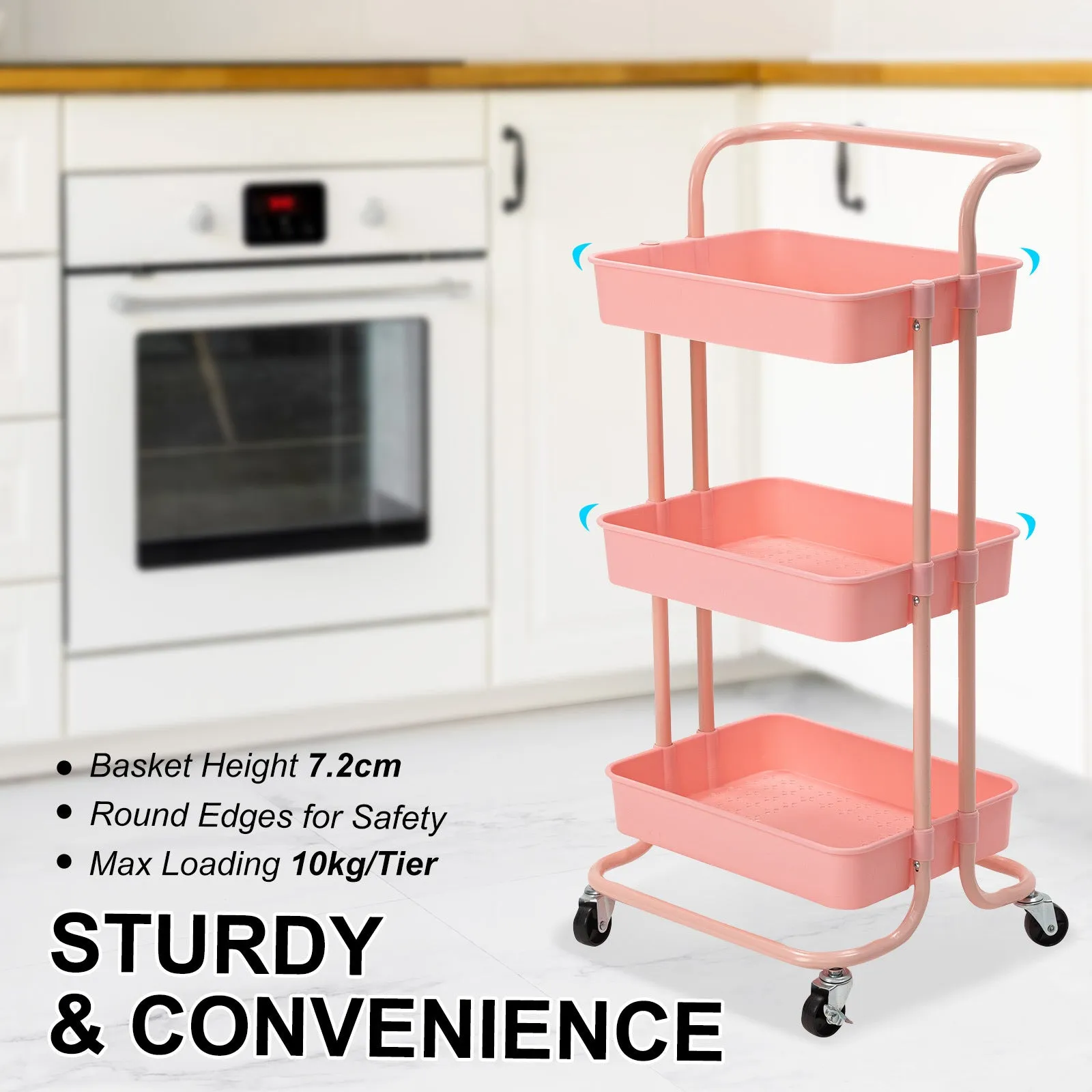 Pink 3-Tier Storage Trolley Cart, Wheels, Hooks, Kandoka