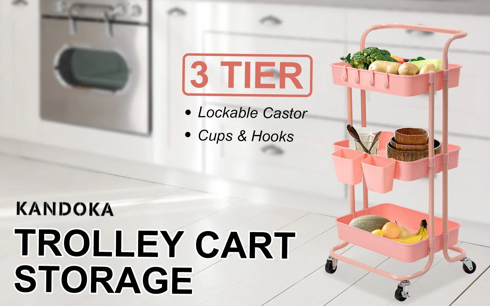 Pink 3-Tier Storage Trolley Cart, Wheels, Hooks, Kandoka