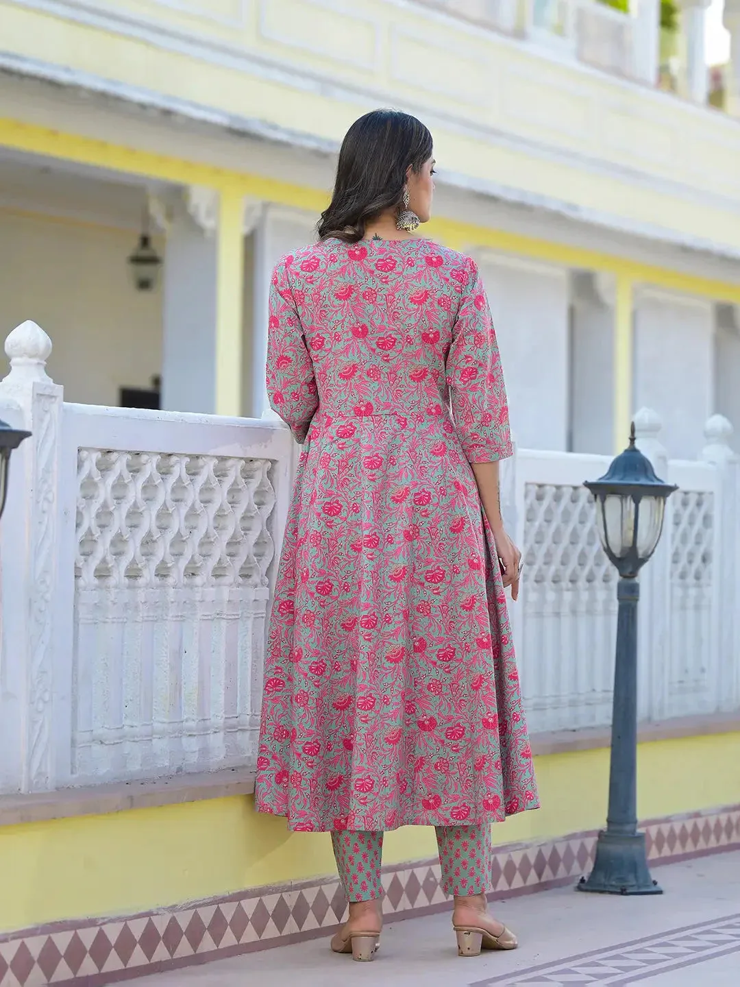 Pink & Green Cotton Floral Print Anarkali Shape Suit Set with Voile Dupatta