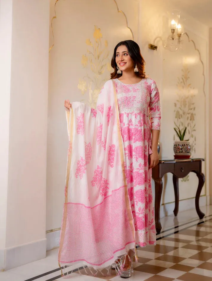 Pink & White Viscose Printed & Embroidered Anarkali Suit Set with Chanderi Cotton Dupatta