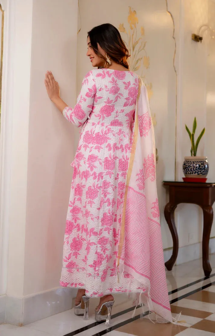 Pink & White Viscose Printed & Embroidered Anarkali Suit Set with Chanderi Cotton Dupatta