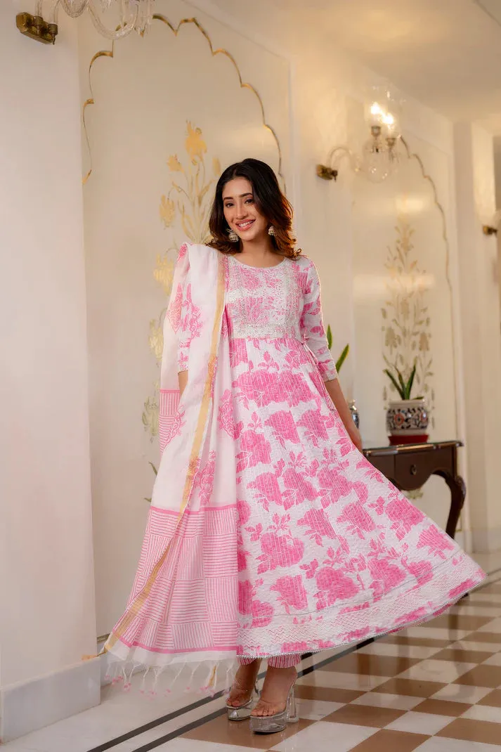 Pink & White Viscose Printed & Embroidered Anarkali Suit Set with Chanderi Cotton Dupatta