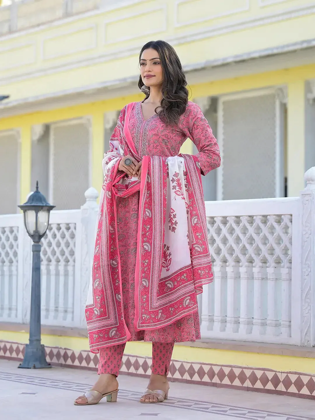 Pink Cotton Floral Print Anarkali Suit Set with Voile Dupatta