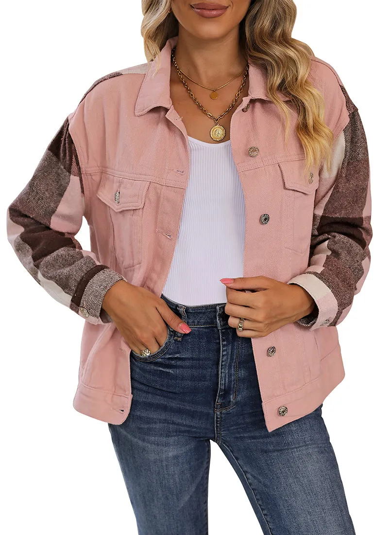 Pink   Pink Plaid Women's Denim Oversized Plaid Shacket Jacket Vintage Shirt Jackets