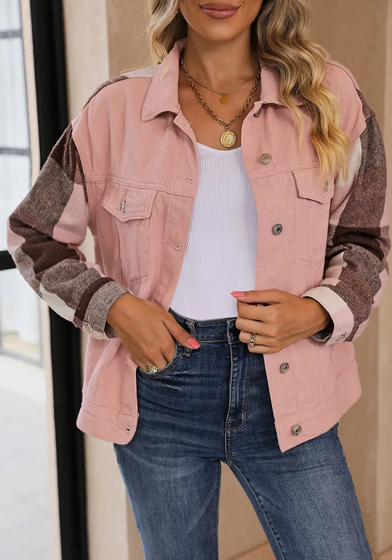 Pink   Pink Plaid Women's Denim Oversized Plaid Shacket Jacket Vintage Shirt Jackets