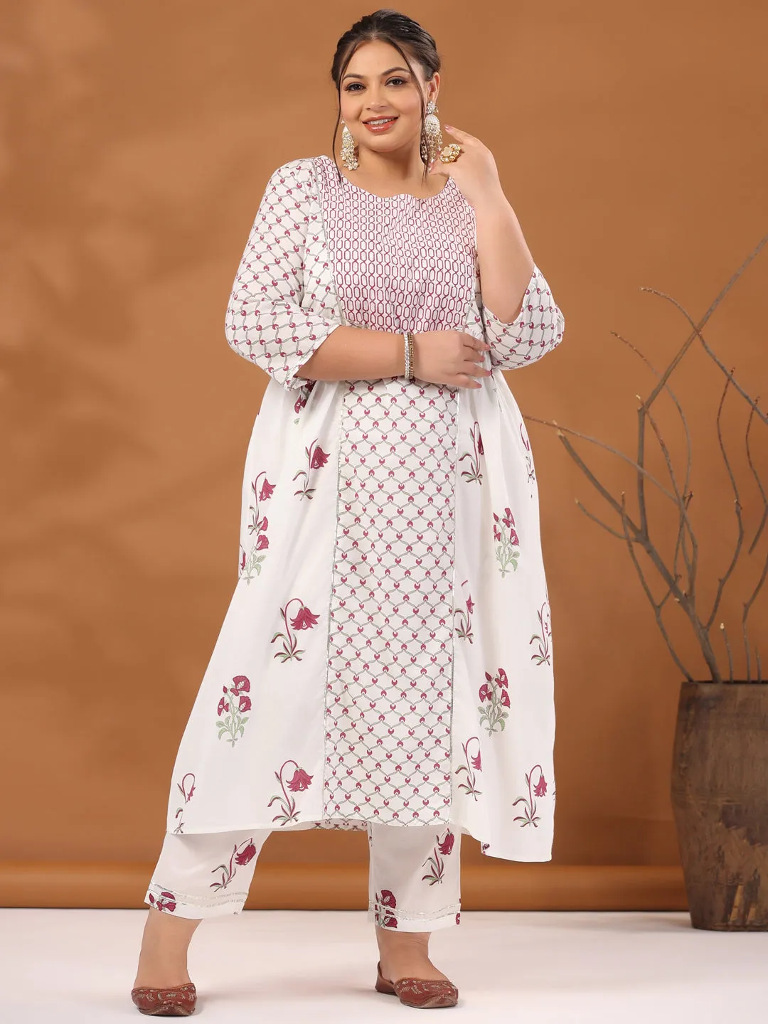 Plus Size White & Magenta Pink Ethnic Printed Flared Kurta With Pants & Dupatta