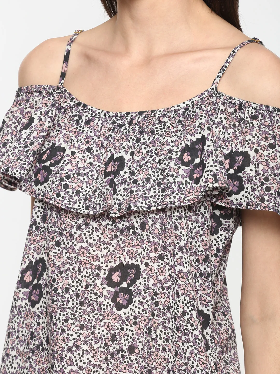 Porsorte Women Printed Floral Cold Shoulder Spagetti Strap Top