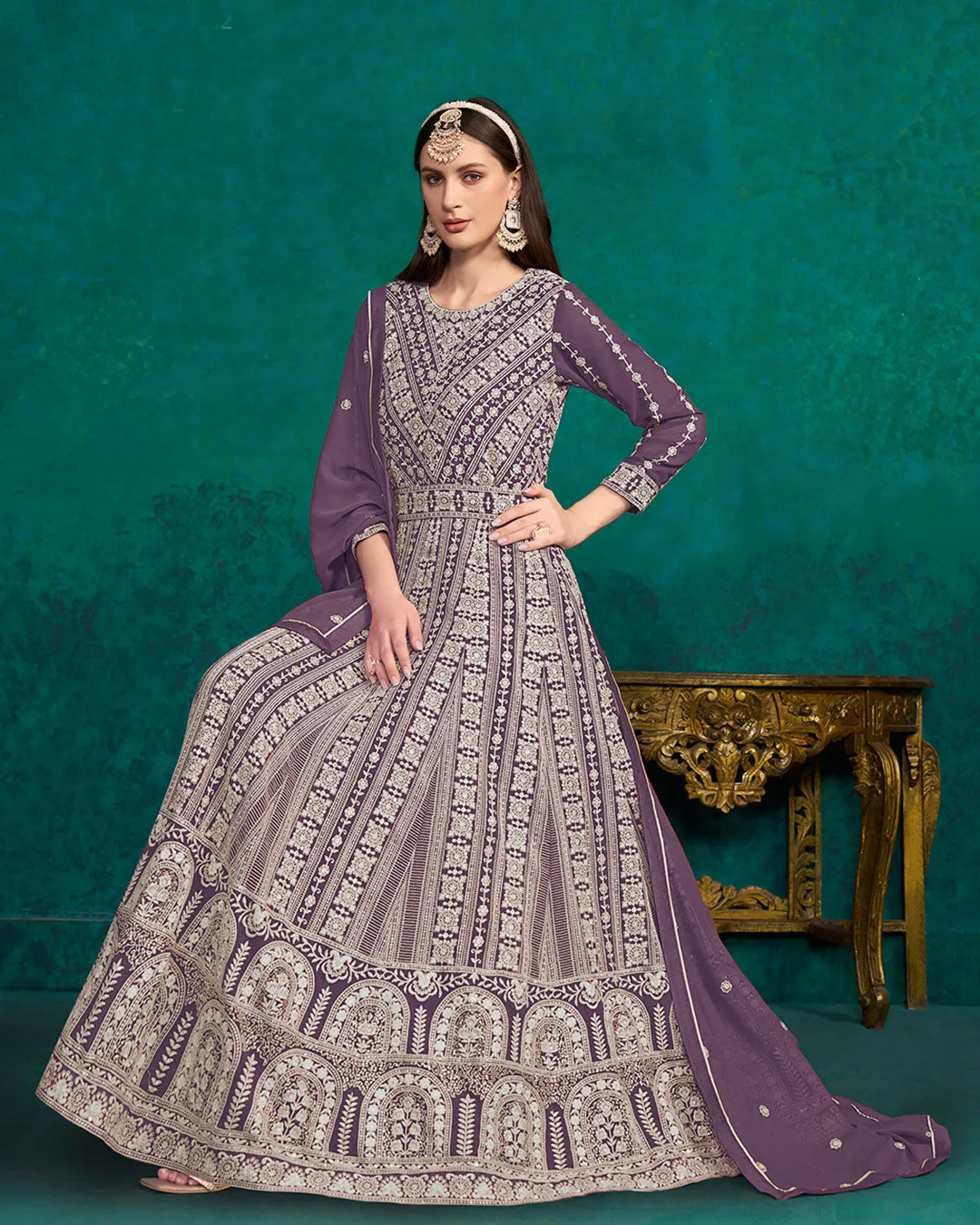 Purple Lucknowi Embroidery Kalidar Anarkali Suit