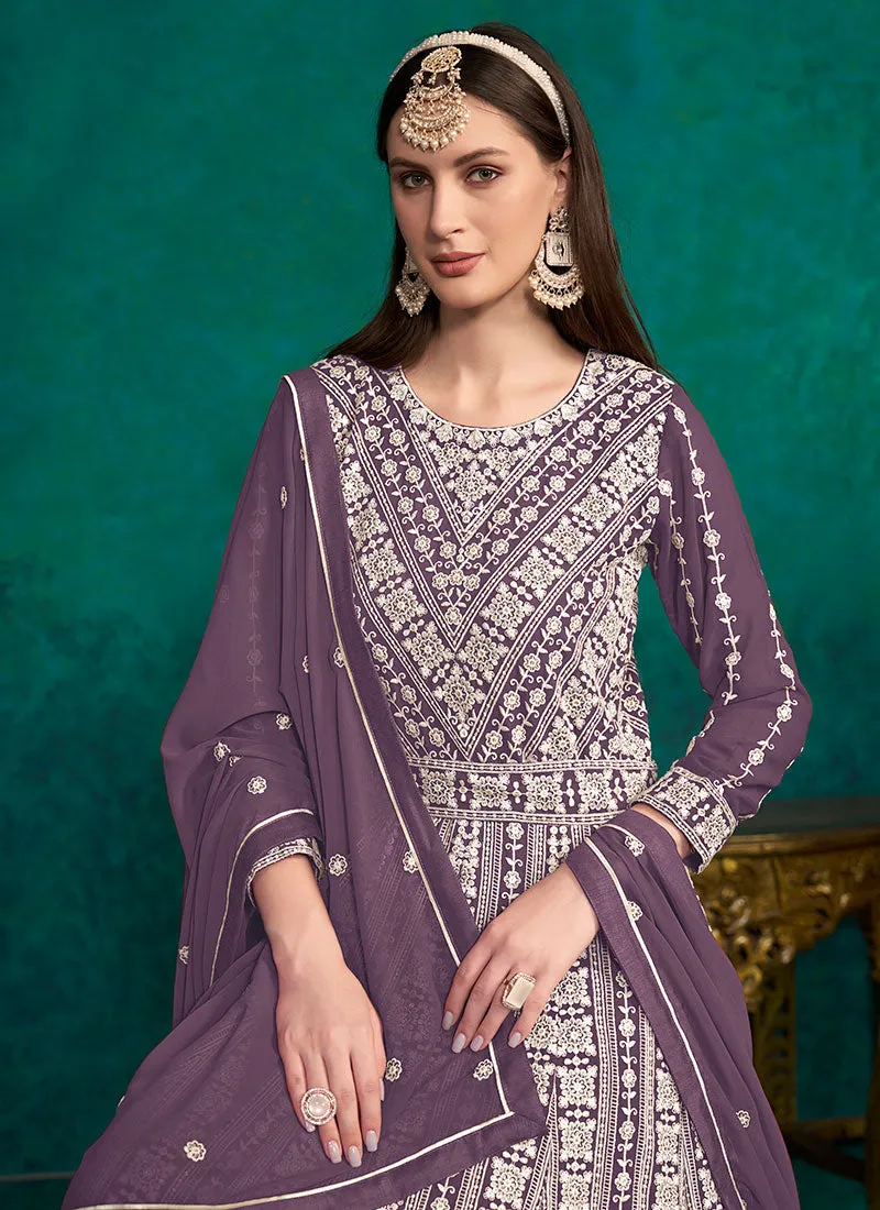 Purple Lucknowi Embroidery Kalidar Anarkali Suit