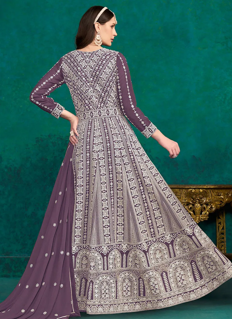 Purple Lucknowi Embroidery Kalidar Anarkali Suit