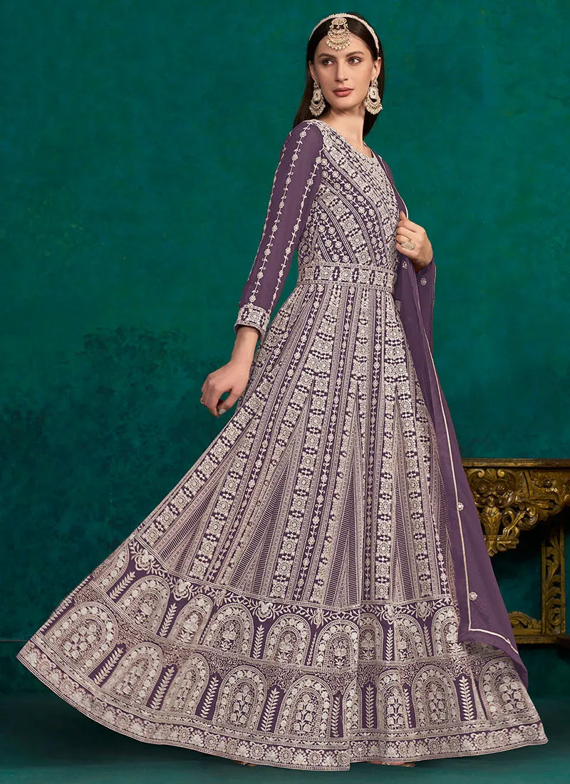 Purple Lucknowi Embroidery Kalidar Anarkali Suit