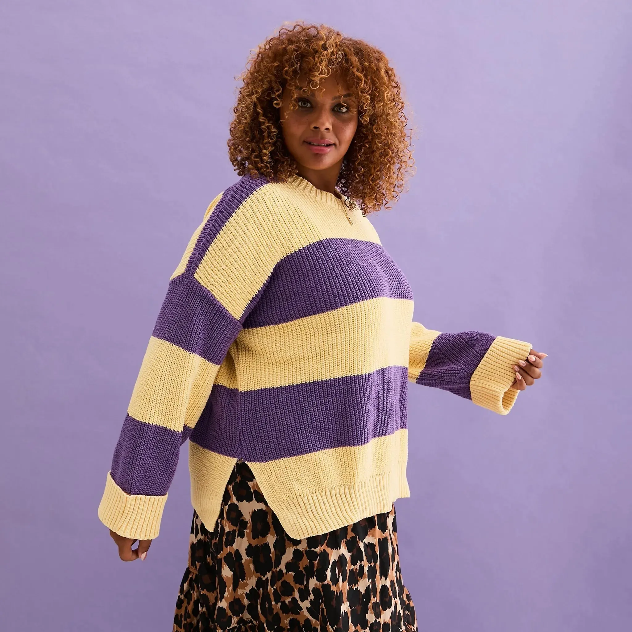 Rhiannon Recycled Cotton Mix Stripe Jumper - Purple and Yellow